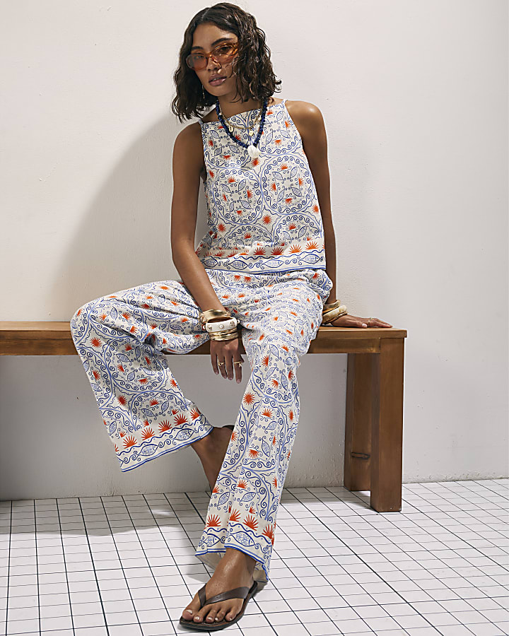 Blue Printed Linen Blend Trousers