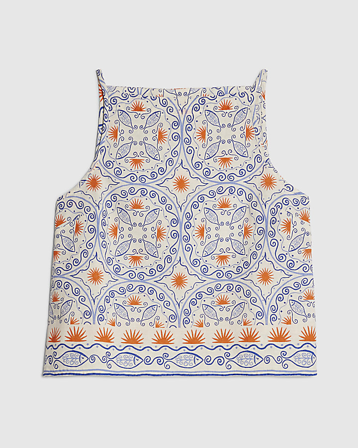 Blue Printed Linen Blend Tank Top