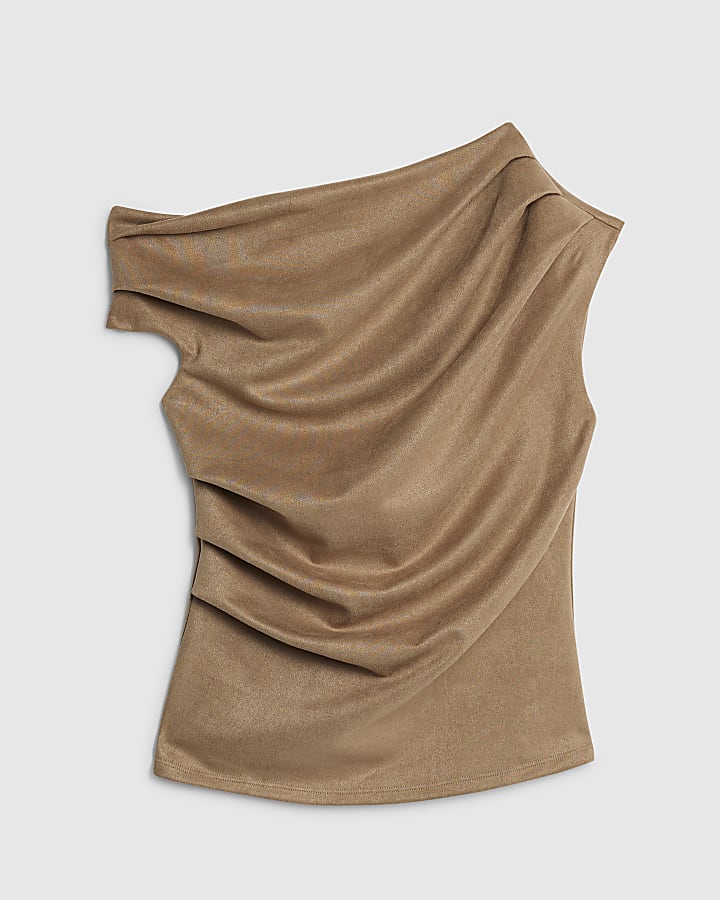 Beige Faux Suede Sleeveless Drape Top