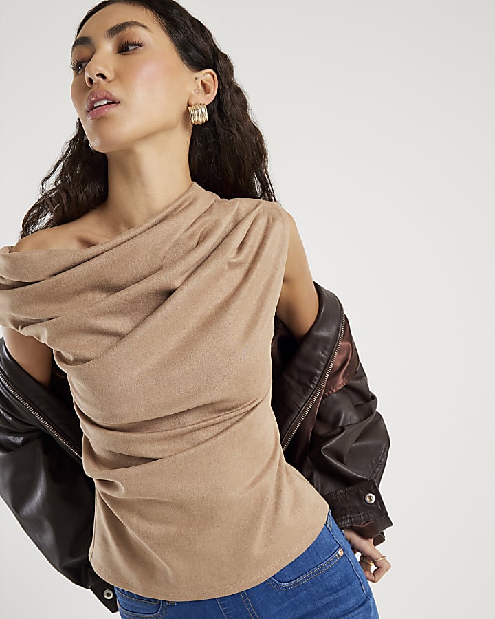 Beige Faux Suede Sleeveless Drape Top