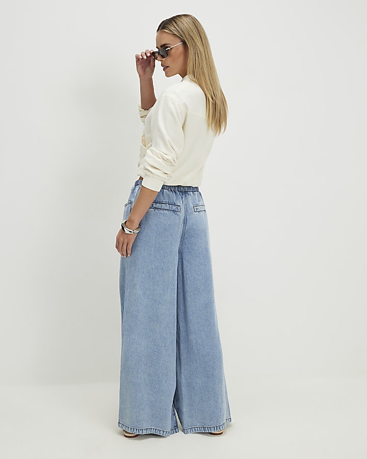 Petite Blue Wide Leg Pyjama Style Jeans