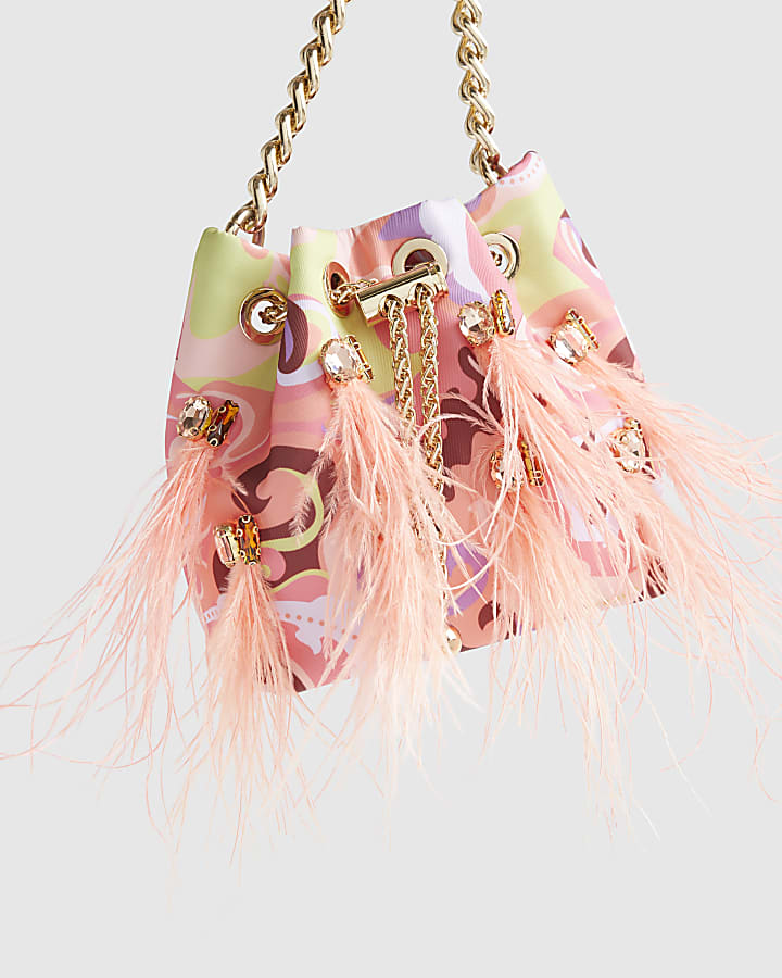 Orange Printed Gem Handle Bag