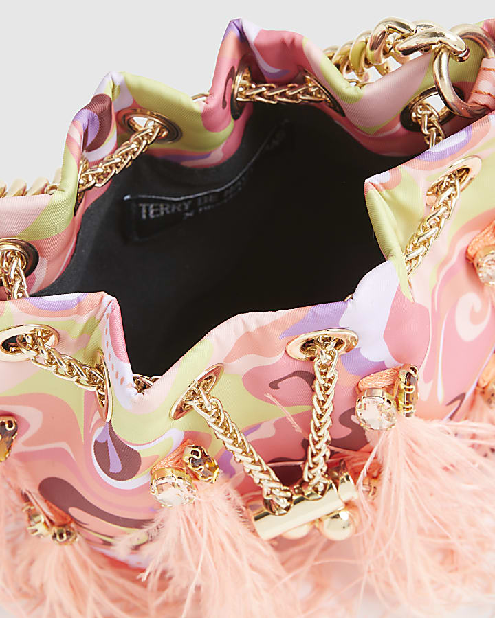 Orange Printed Gem Handle Bag