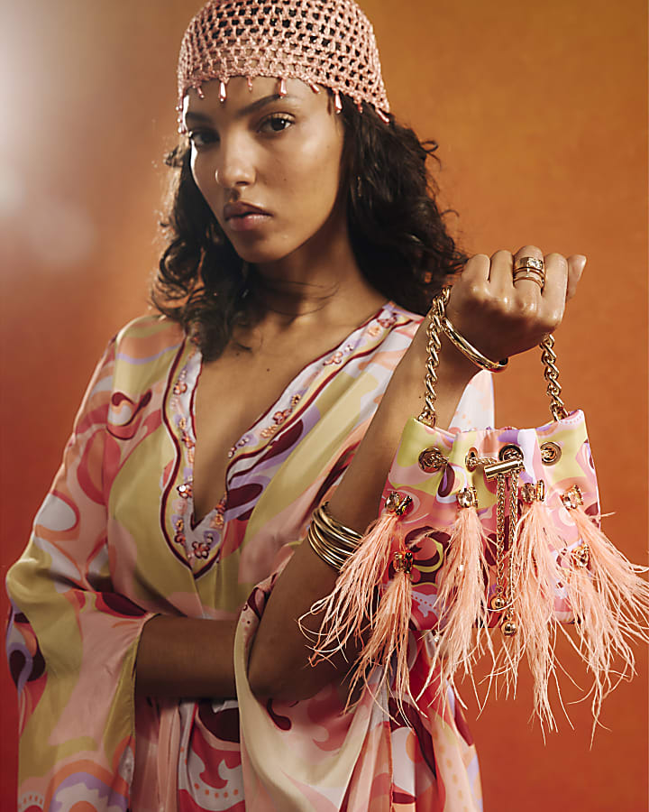 Orange Printed Gem Handle Bag