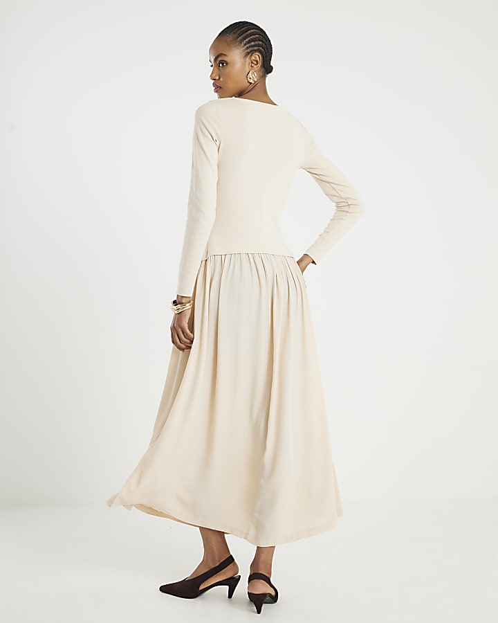 Cream Long Sleeve Hybrid Midi Dress