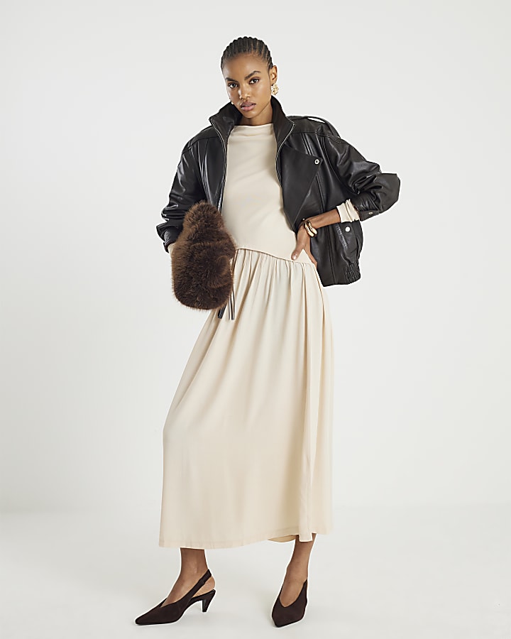 Cream Long Sleeve Hybrid Midi Dress