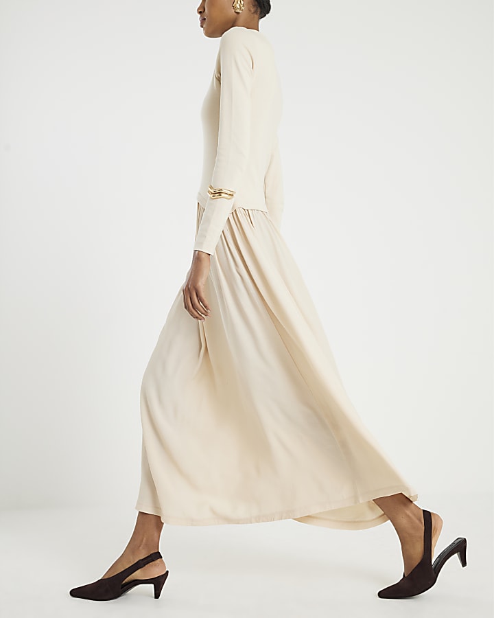 Cream Long Sleeve Hybrid Midi Dress