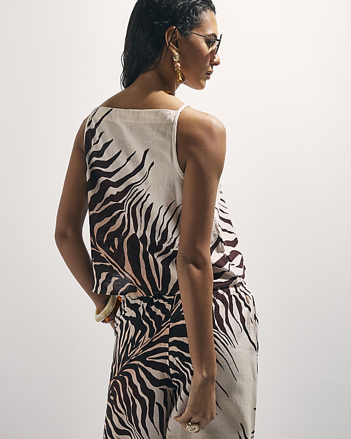 Cream Animal Print Tank Top With Linen