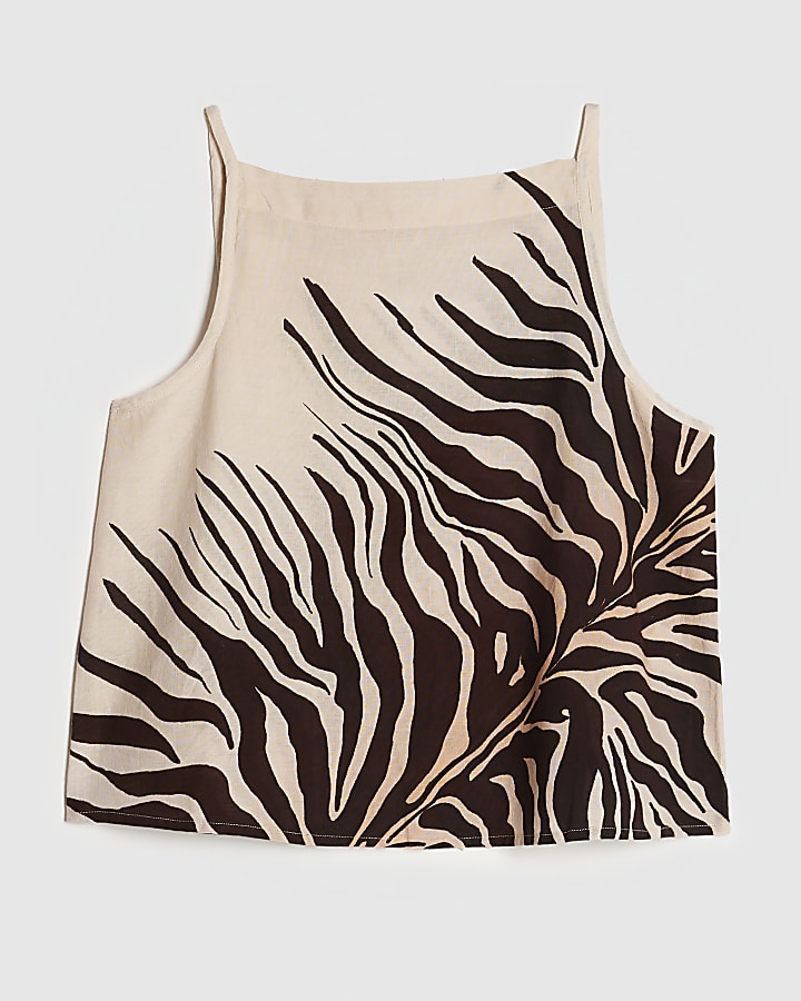 Cream Animal Print Linen Blend Tank Top
