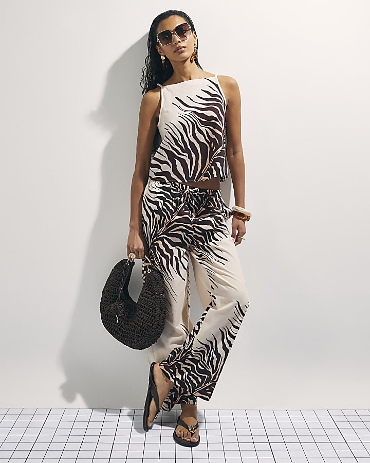 Cream Animal Print Tank Top With Linen