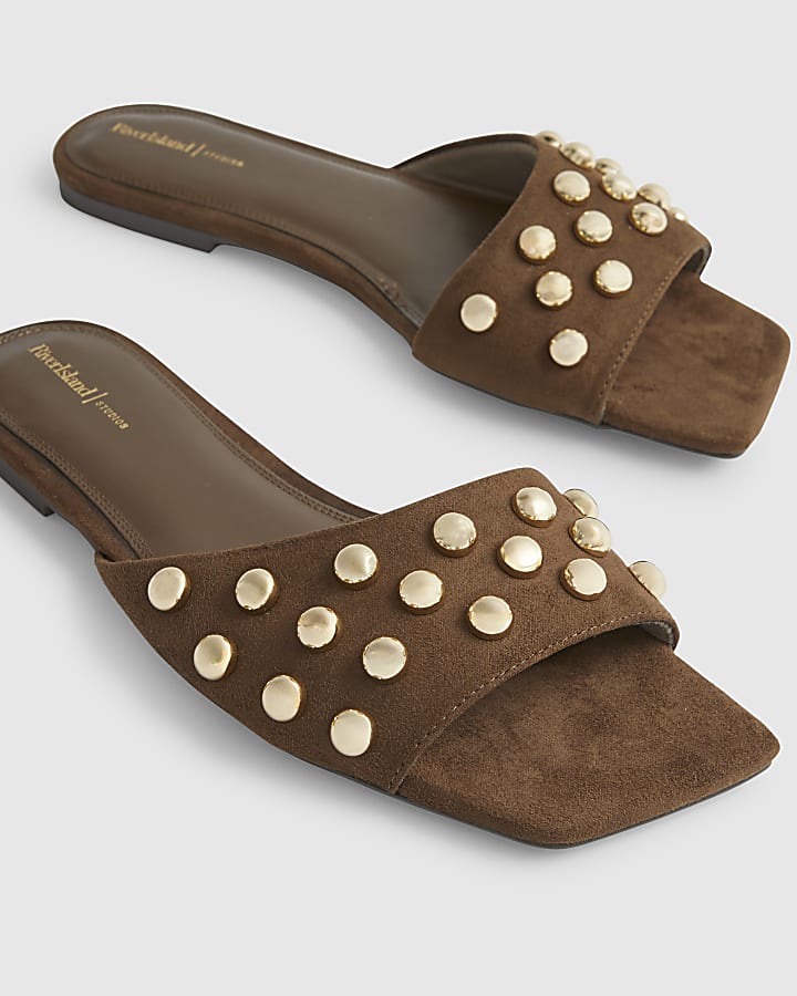 Brown Stud Flat Sandals