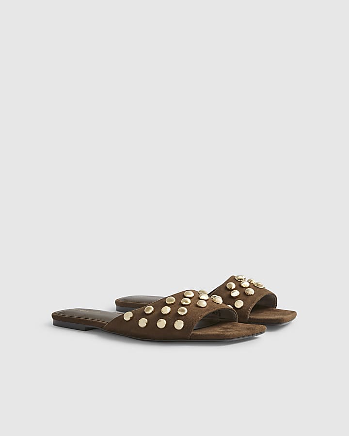 Brown Stud Flat Sandals