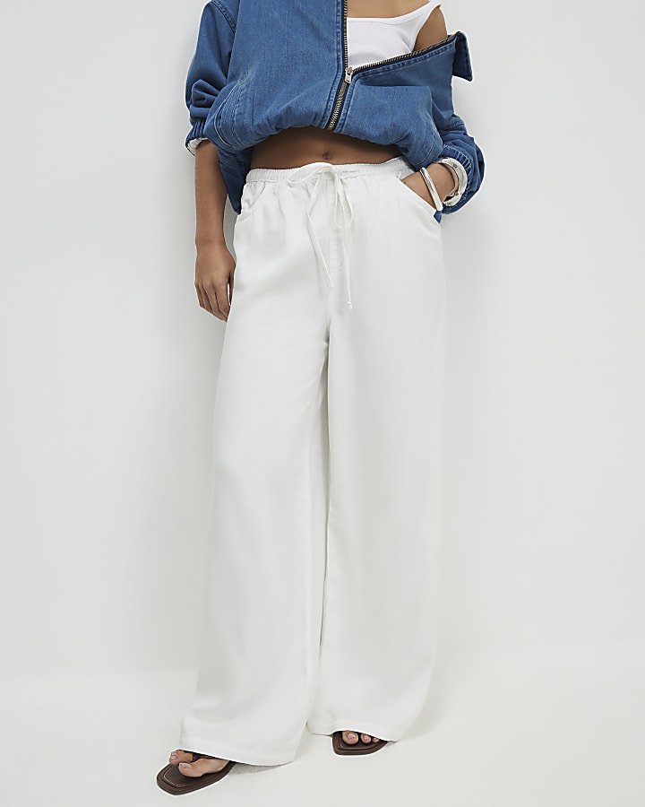 Petite White Wide leg Drawstring Jeans