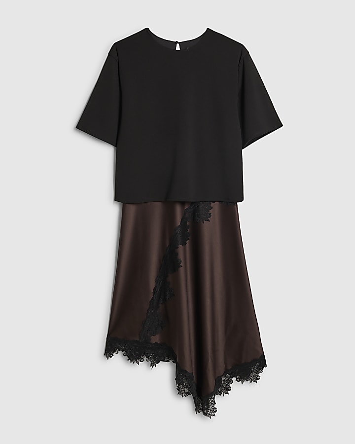 Brown Lace Hybrid T-Shirt Maxi Dress