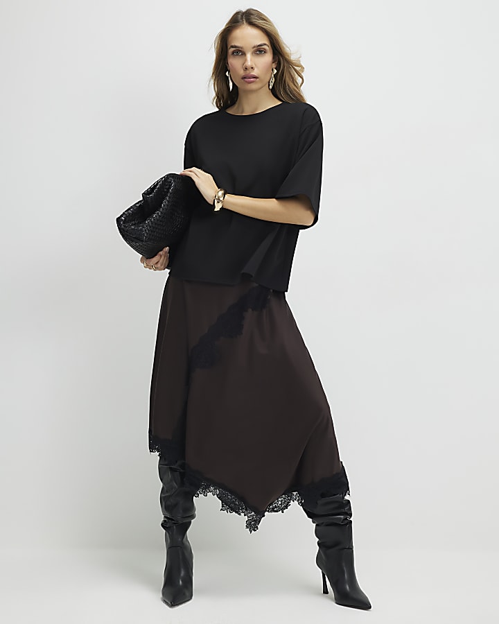 Brown Lace Hybrid T-Shirt Maxi Dress