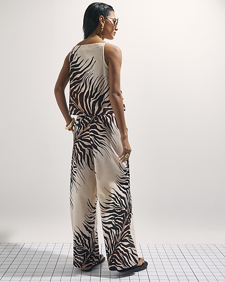 Cream Animal Print Trousers With Linen