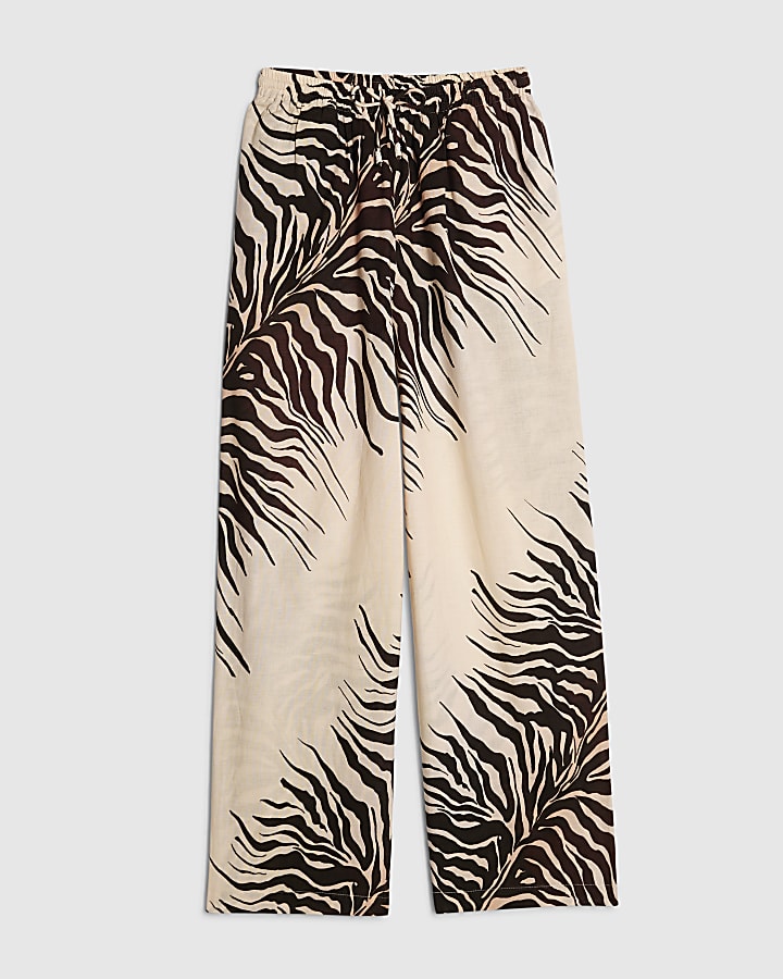 Cream Animal Print Linen Blend Trousers
