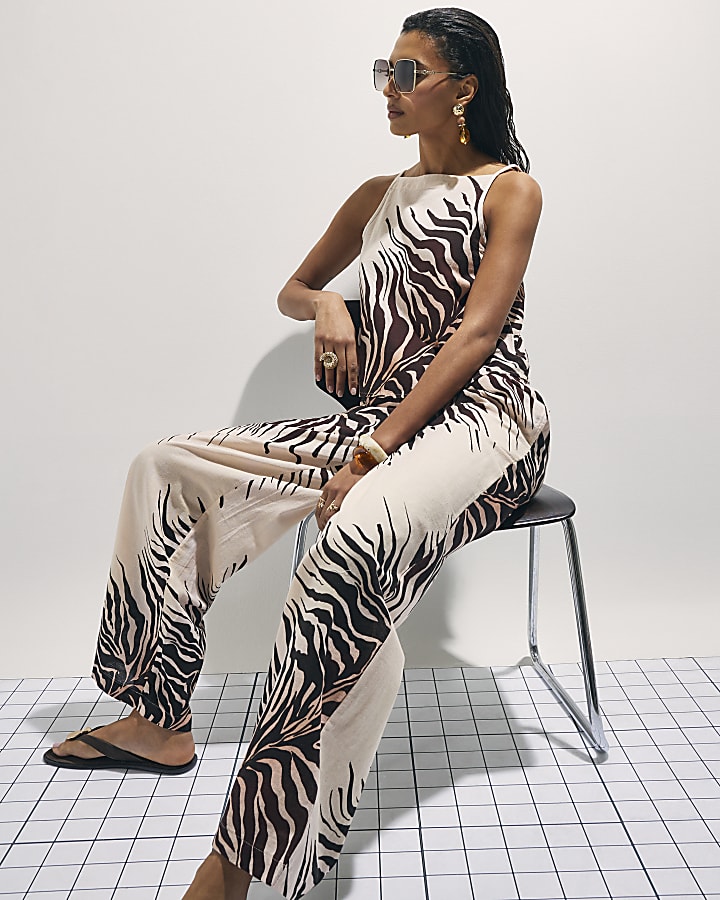 Cream Animal Print Trousers With Linen