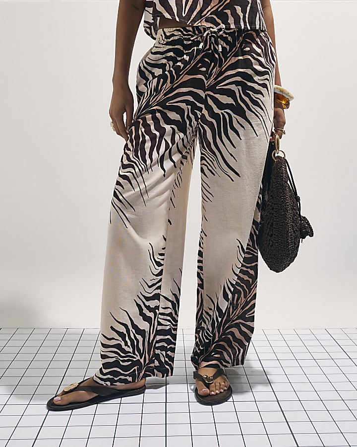 Cream Animal Print Trousers With Linen