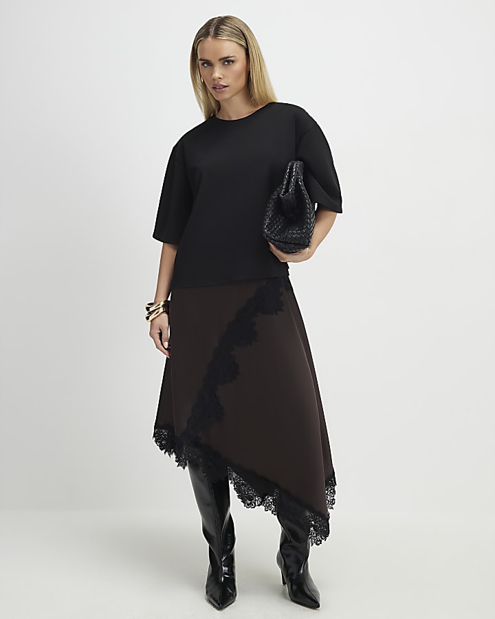 Petite Brown Lace Hybrid T-Shirt Maxi Dress