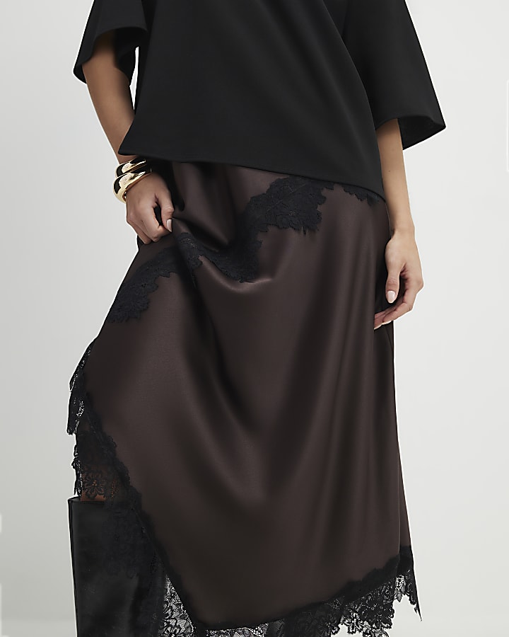 Petite Brown Lace Hybrid T-Shirt Maxi Dress