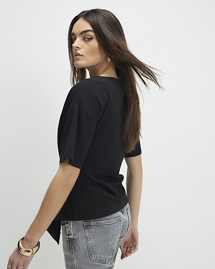 Black Short Sleeve Ruched Side Top