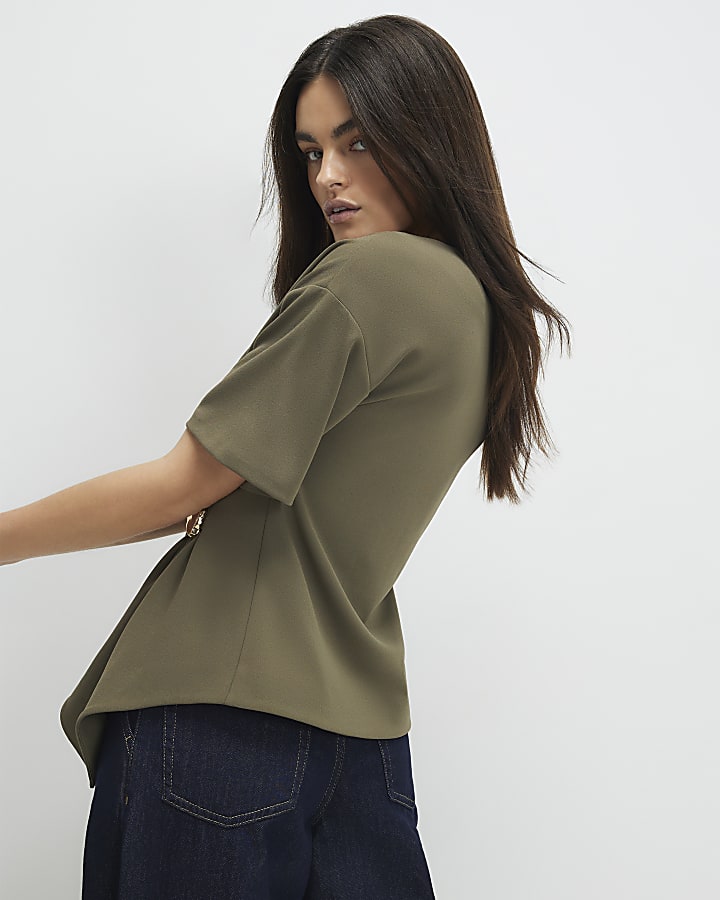 Khaki Short Sleeve Ruched Side Top