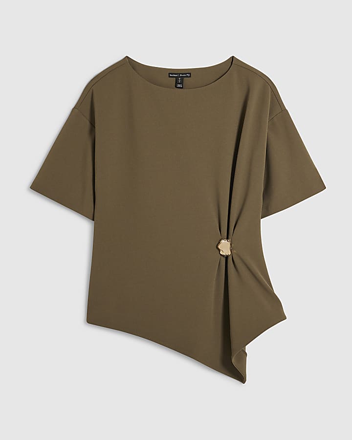Khaki Short Sleeve Ruched Side Top