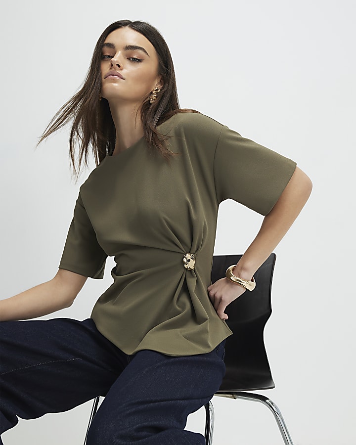 Khaki Short Sleeve Ruched Side Top