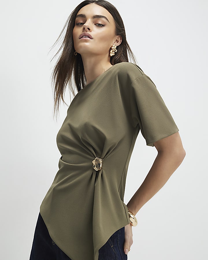 Khaki Short Sleeve Ruched Side Top