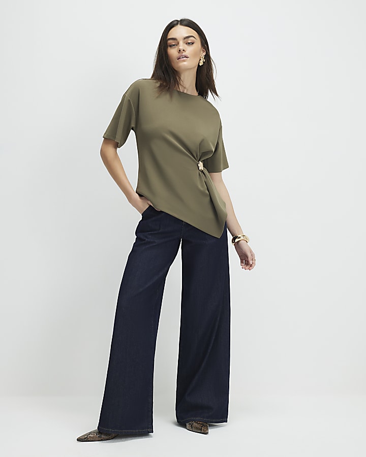 Khaki Short Sleeve Ruched Side Top