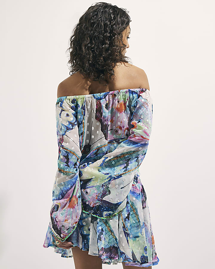 Purple Embellished Butterfly Bardot Top