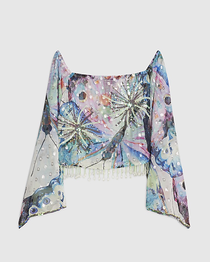 Purple Embellished Butterfly Bardot Top
