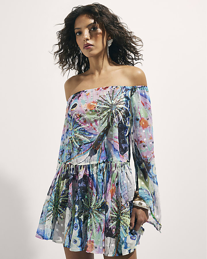 Purple Embellished Butterfly Bardot Top