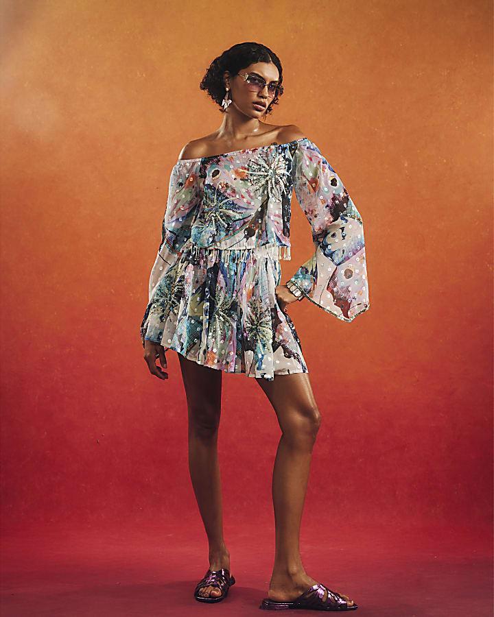 Purple Embellished Butterfly Bardot Top