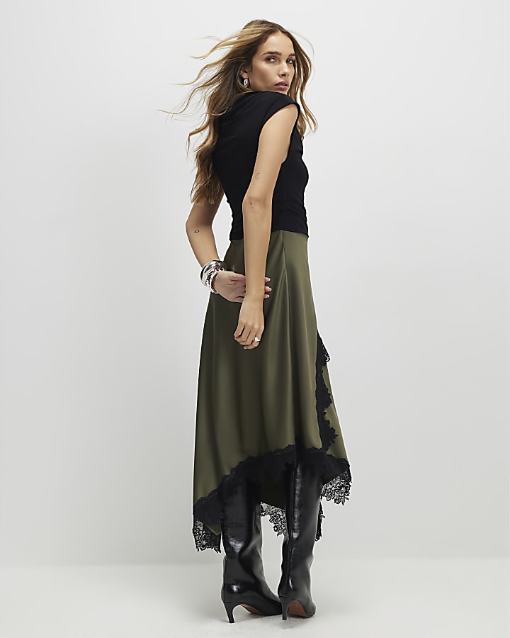 Khaki Lace Hybrid Drape Midi Dress