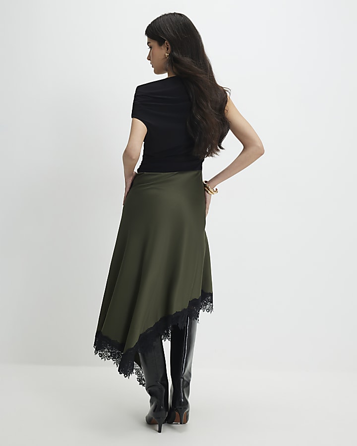 Petite Khaki Lace Hybrid Drape Maxi Dress