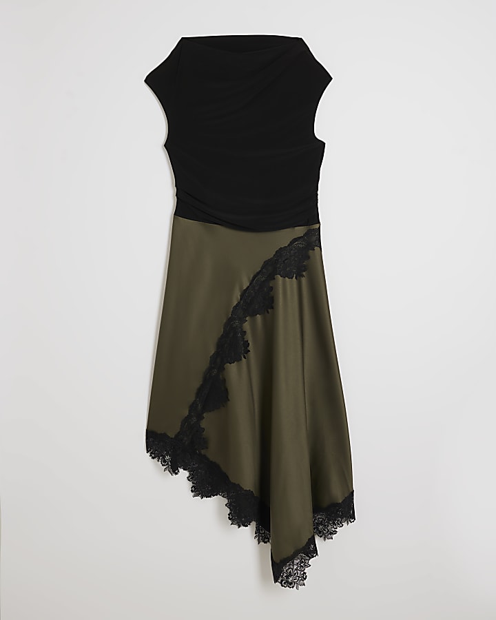 Petite Khaki Lace Hybrid Drape Maxi Dress