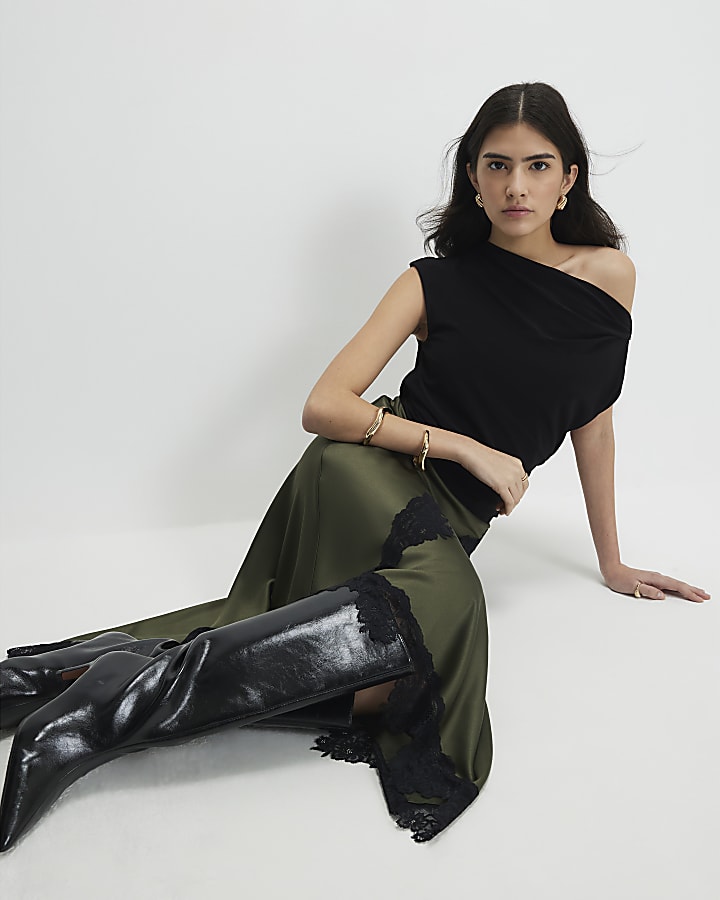 Petite Khaki Lace Hybrid Drape Maxi Dress