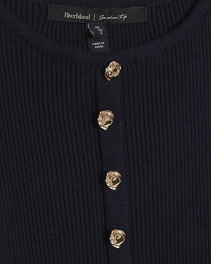 Navy Belted Ribbed Knit Midi Dress