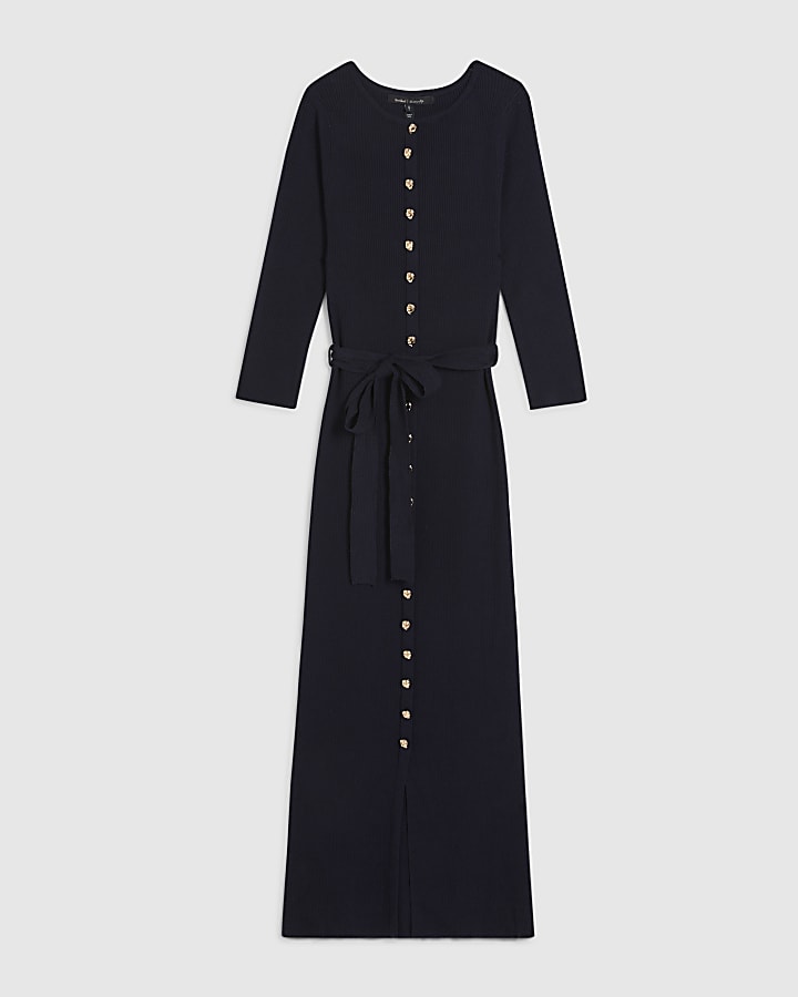 Navy Belted Ribbed Knit Midi Dress