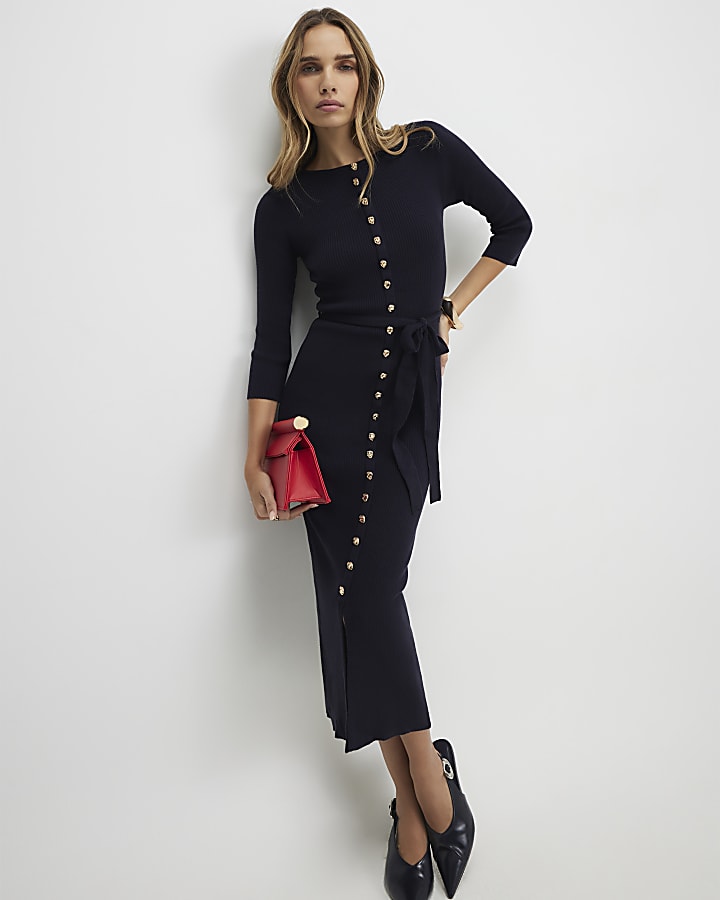 Navy Belted Ribbed Knit Midi Dress