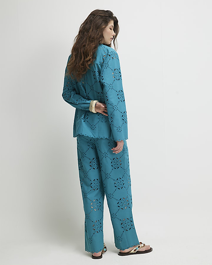 Blue Poplin Cutwork Trousers