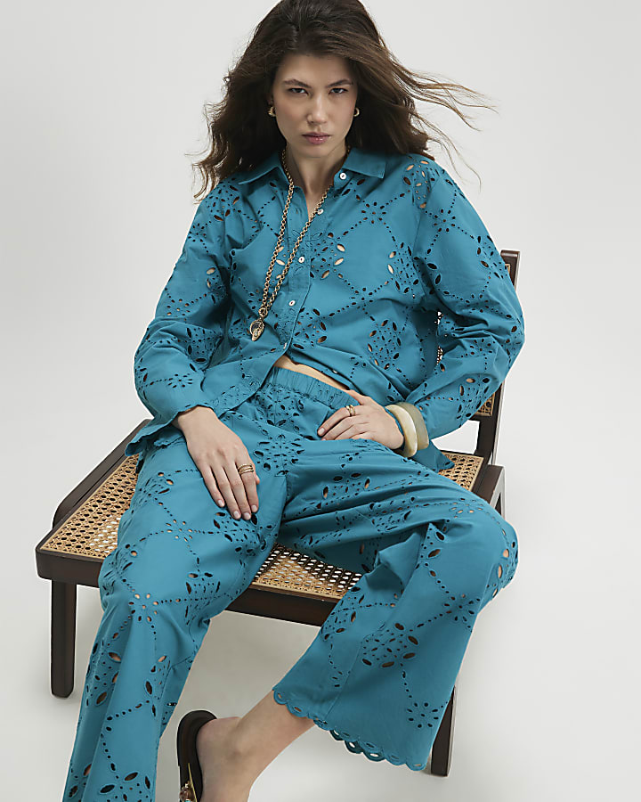 Blue Poplin Cutwork Trousers