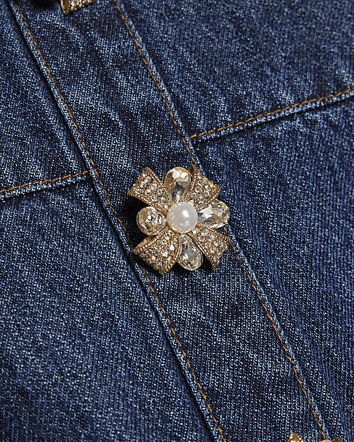 Blue Embellished Button Denim Mini Dress