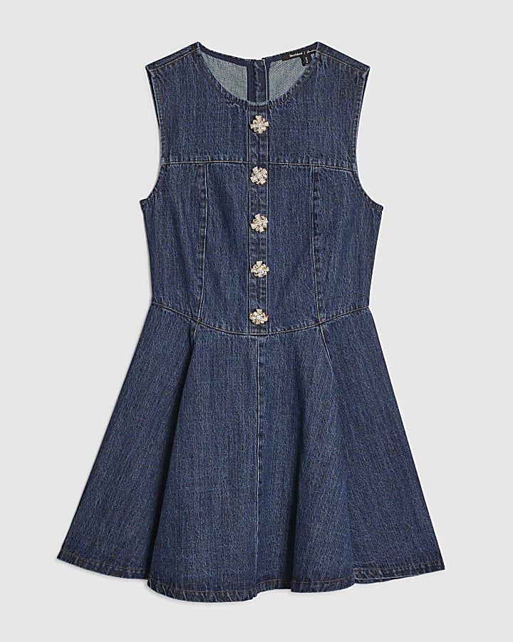 Blue Embellished Button Denim Mini Dress