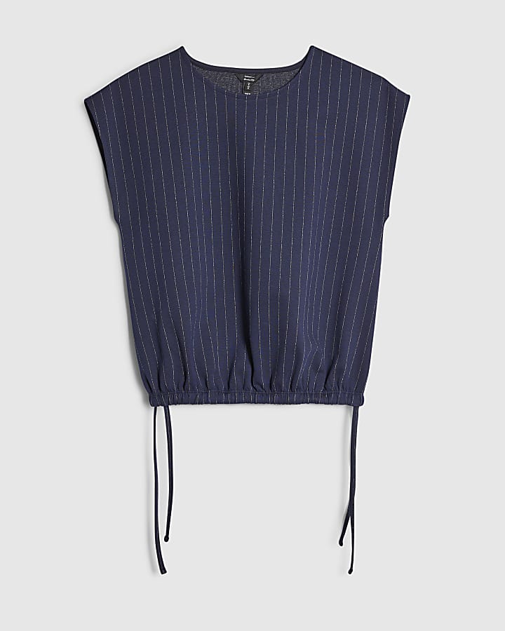 Navy Pinstripe Tie Side Bubble Hem Top