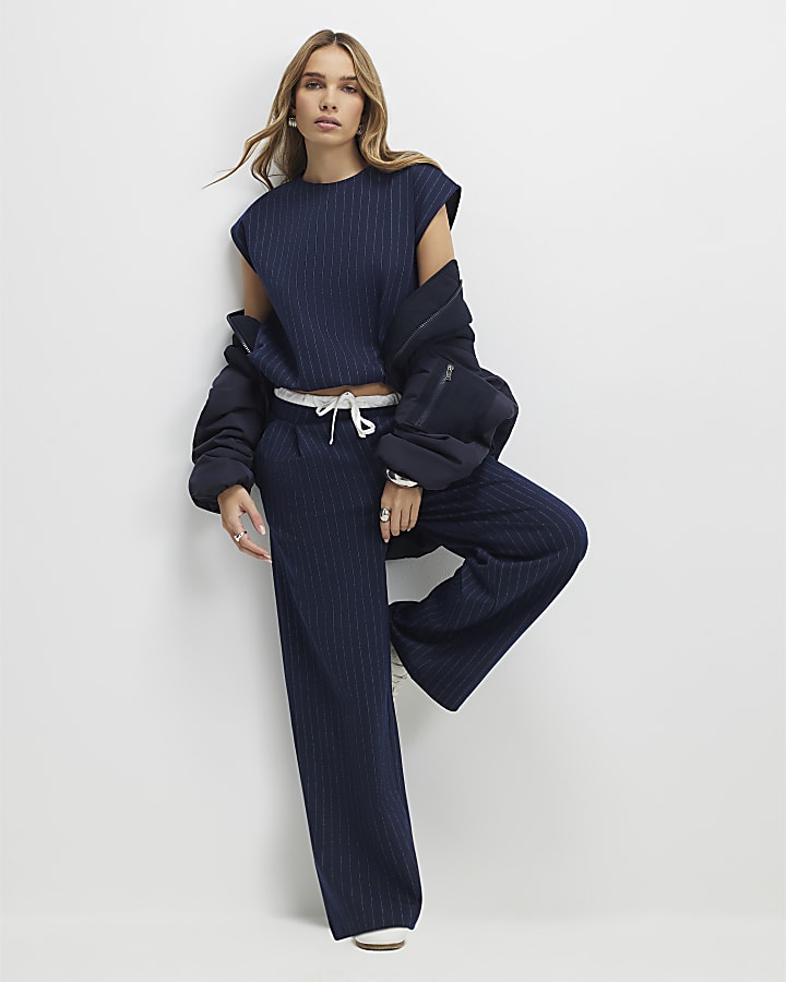 Navy Pinstripe Tie Side Bubble Hem Top