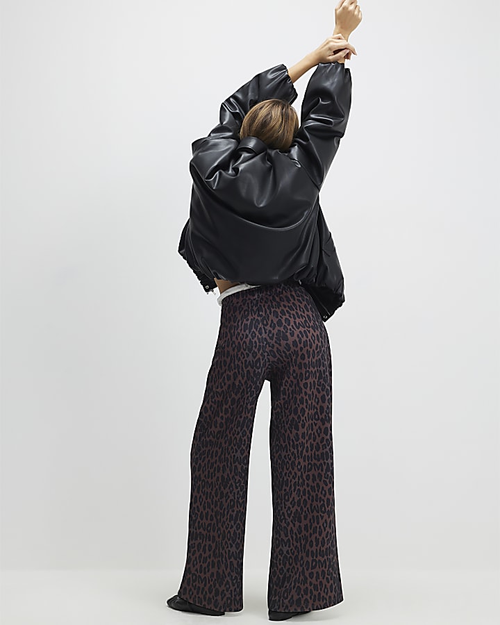 Black Leopard Print Wide Leg Trousers