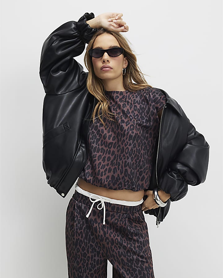 Black Leopard Print Wide Leg Trousers